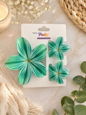 Pastels Green Striped Floral Hair Clips - 3 Piece Set